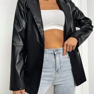 SHEIN Black Faux Leather Blazer Jacket for Women